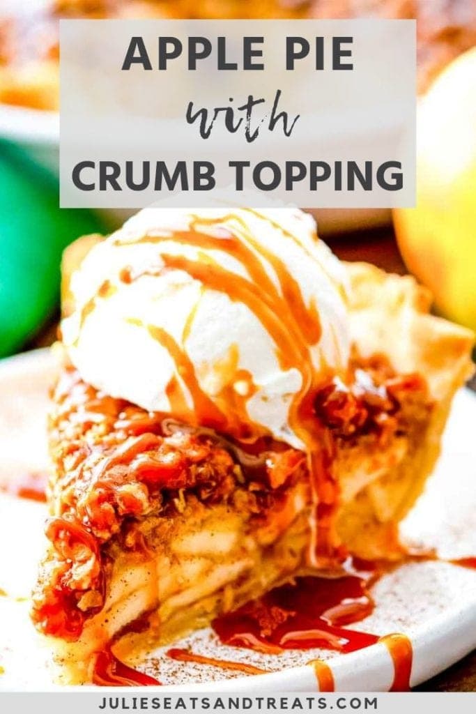 Slice of Apple pie with crumb topping and ice cream on top