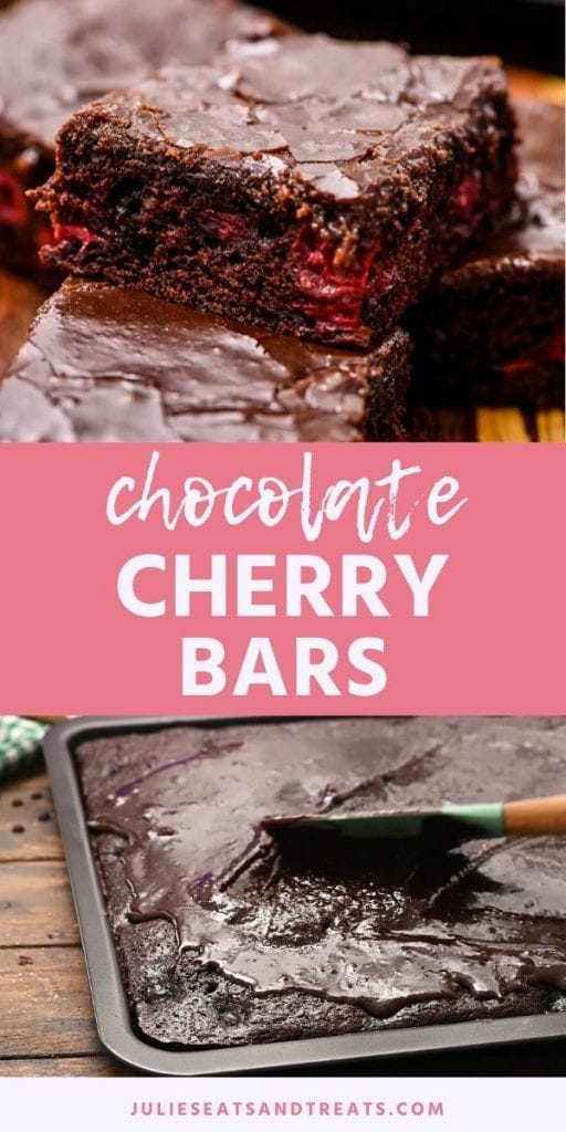 Pin Collage image for Chocolate Cherry Bars. Top image of stacked chocolate cherry bars, bottom image of a pan of bars being frosted.