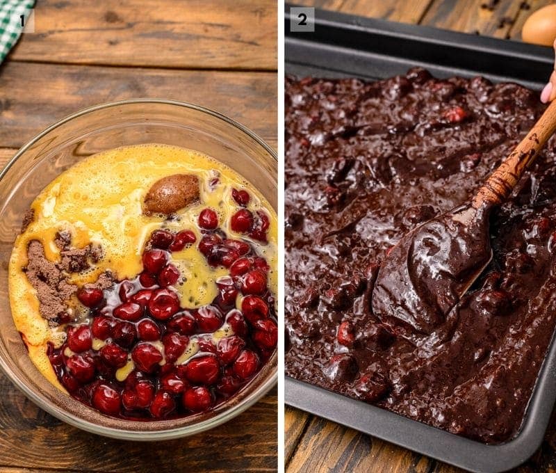 Collage of two images including Bowl with ingredients in it and batter being put in pan
