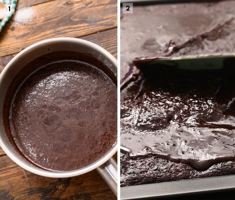 Collage of two images including a saucepan with homemade chocolate frosting and a spatula smoothing frosting over bars