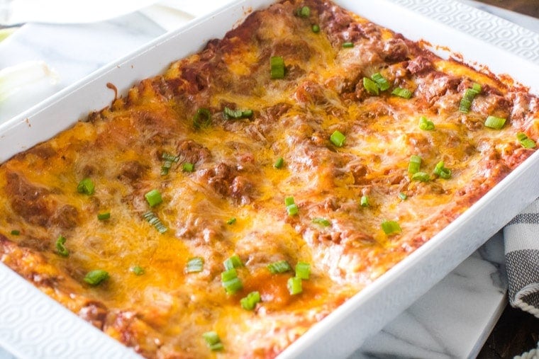 Mexican Lasagna recipe made in white pan