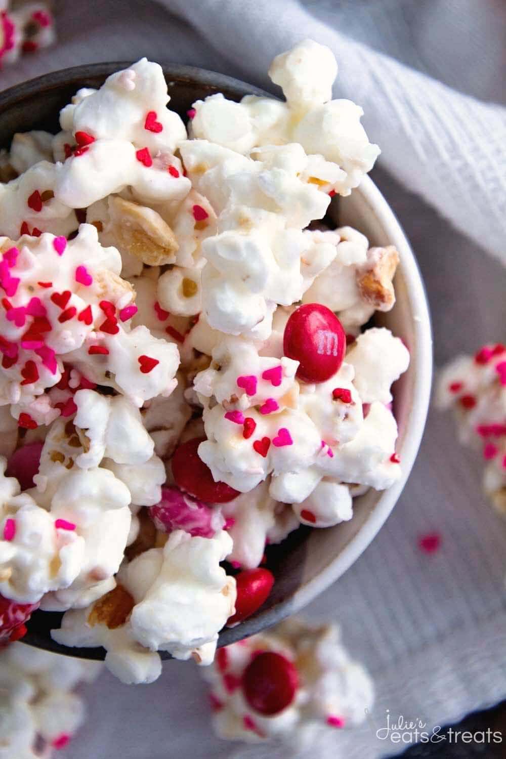 Valentine Snack Mix ~ Popcorn, Peanuts and M&M's coated in White Almond Bark! An Easy Sweet Snack for Your Sweetie!