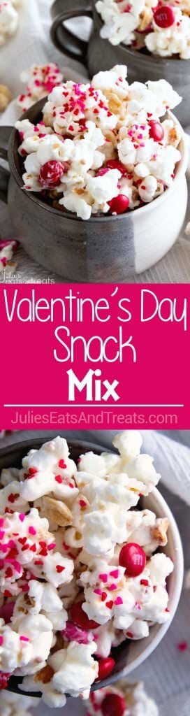 Valentine's Day Snack Mix ~ Popcorn, Peanuts and M&M's coated in White Almond Bark! An Easy Sweet Snack for Your Sweetie!
