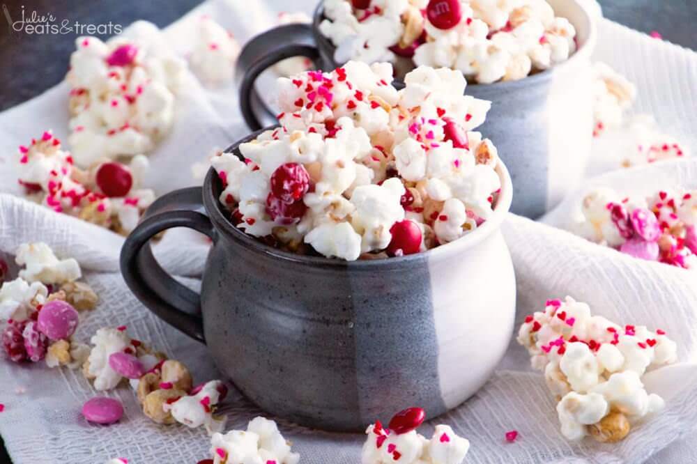 Valentine Snack Mix ~ Popcorn, Peanuts and M&M's coated in White Almond Bark! An Easy Sweet Snack for Your Sweetie!
