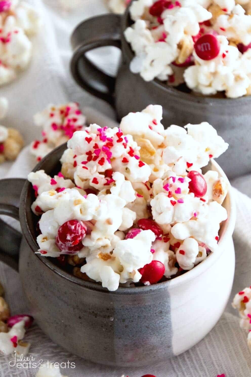 Valentine Snack Mix ~ Popcorn, Peanuts and M&M's coated in White Almond Bark! An Easy Sweet Snack for Your Sweetie!