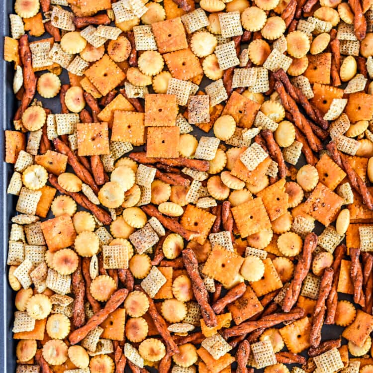 Sheet pan with chex mix on it