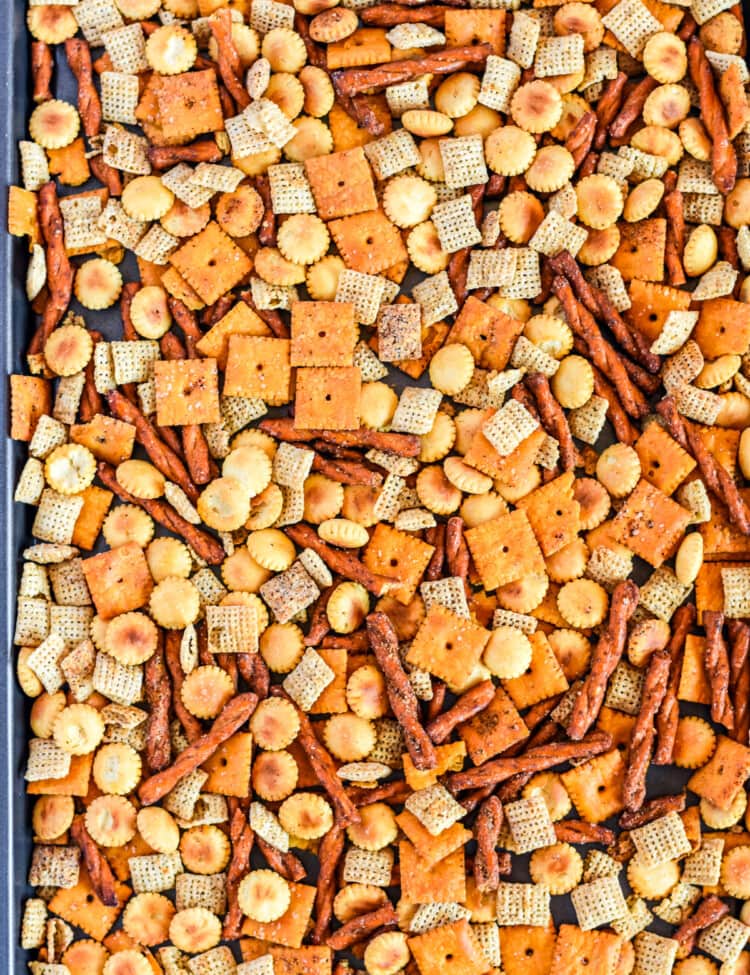 Sheet pan with chex mix on it