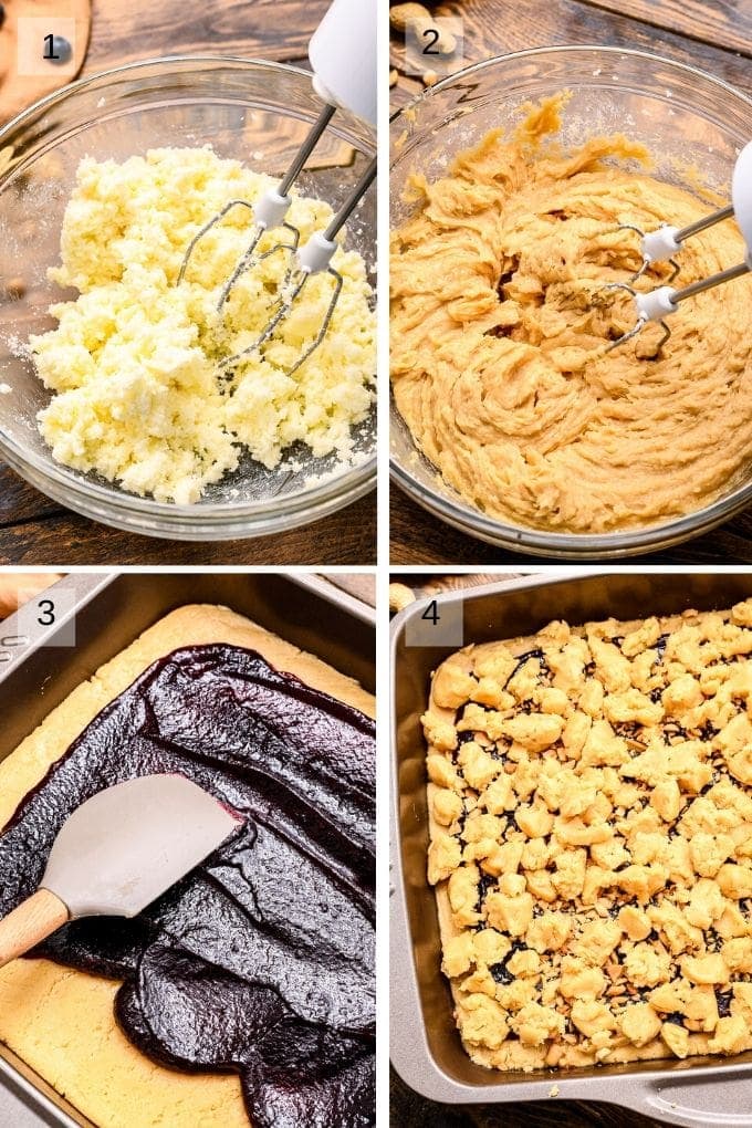 Collage of four images showing steps to prepare bars mixing ingredients and putting in the pan