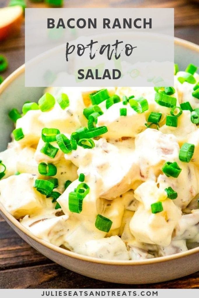 Bacon ranch potato salad in a cream bowl