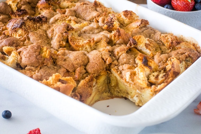 French Toast Casserole in white dish