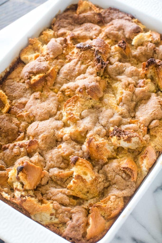 Overhead picture of French Toast Casserole in white dish