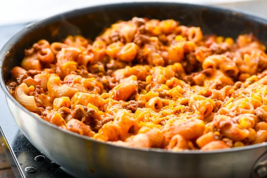 A skillet with Mexican pasta on it.