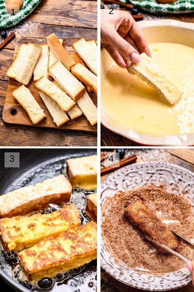 Four image collage of cut bread dipping it in egg mixture frying and rolling in cinnamon sugar