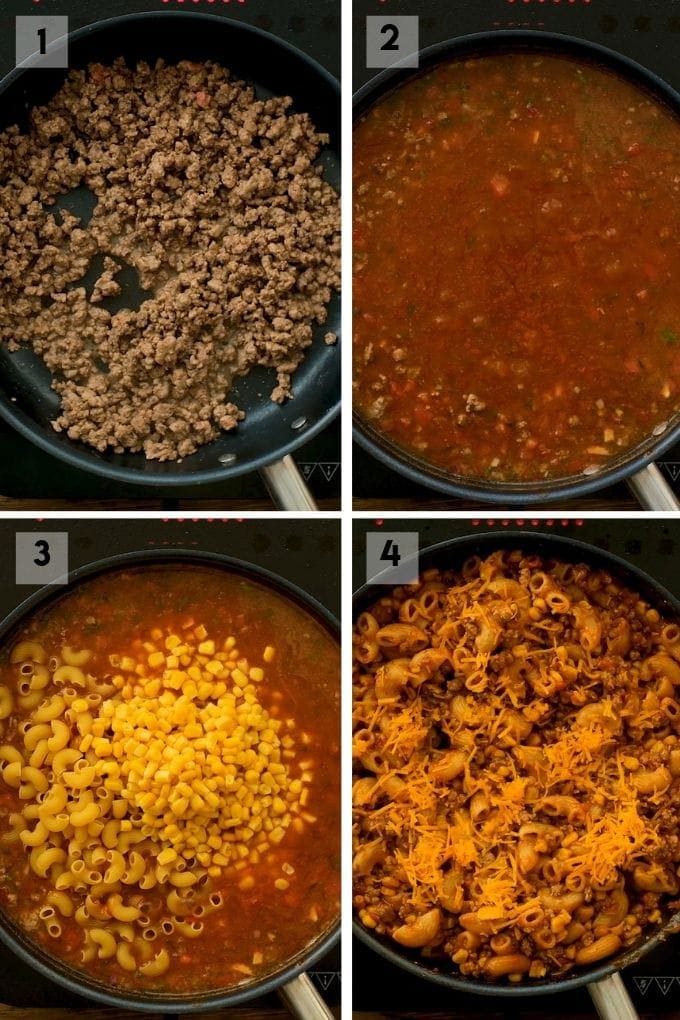 A collage of four images showing how to make a tex-mex flavored one pot pasta