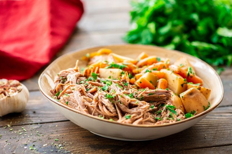 Bowl of Slow Cooker Beef Roast and Vegetables