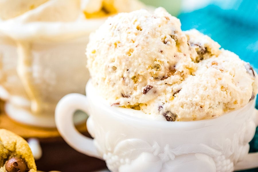 White bowl with Cookie Dough Ice Cream