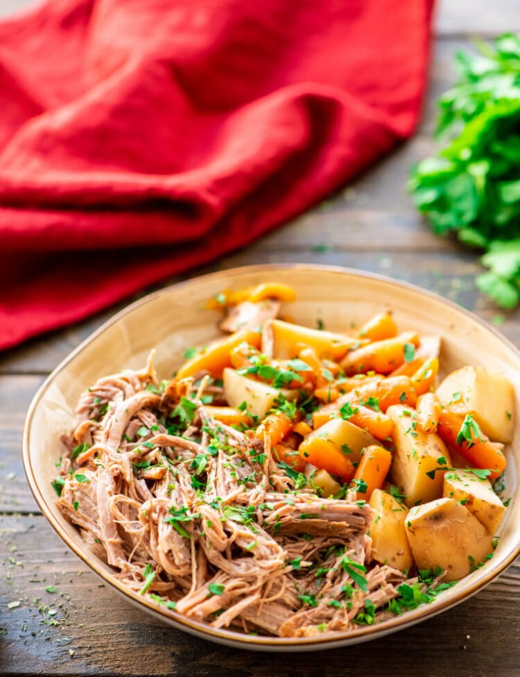 Slow Cooker Beef Roast with vegetables in bowl