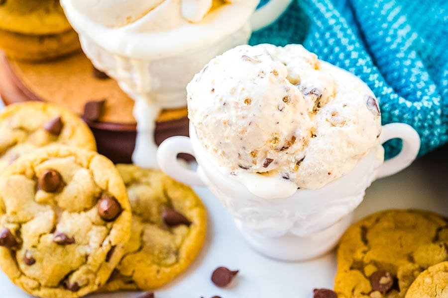 Homemade Cookie Dough Ice Cream on white bowl