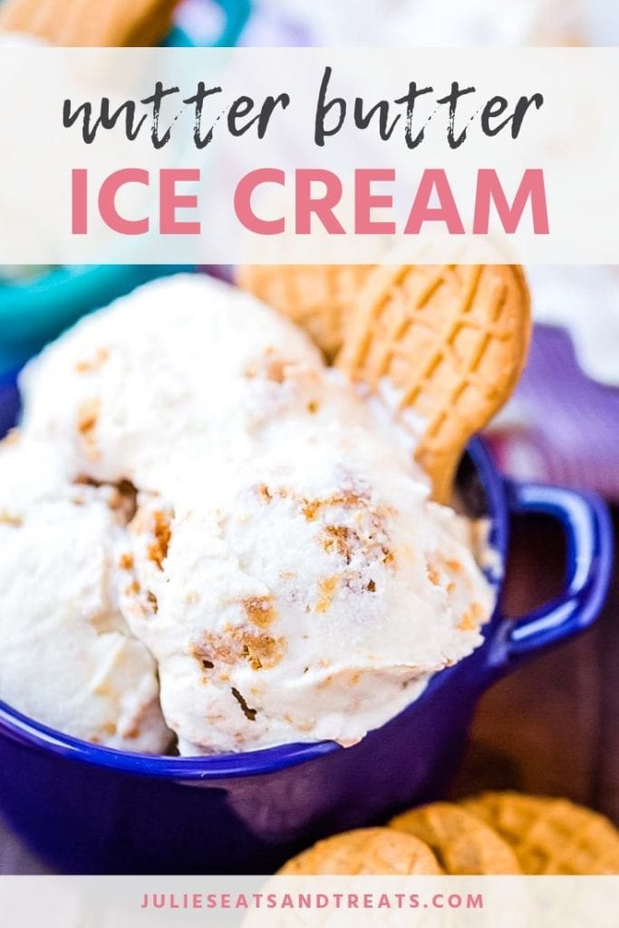 Nutter butter ice cream in a blue bowl with nutter butter cookies