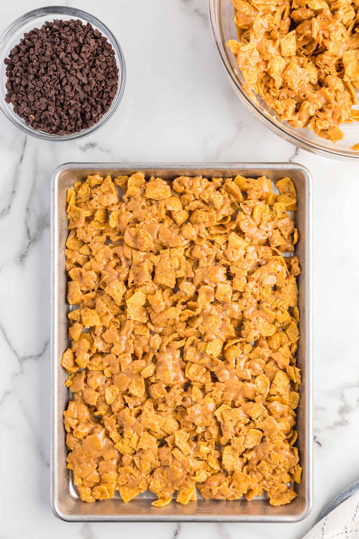 First layer of frito bars in pan