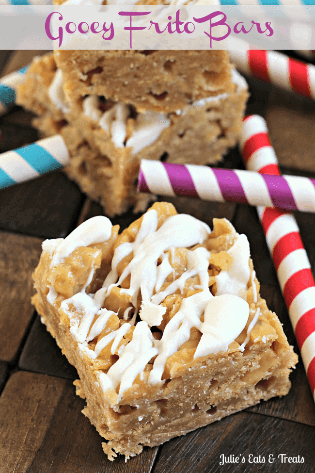Gooey Frito Bars ~ Frito's smothered in a creamy peanut butter sauce and topped with vanilla Candiquick! via www.julieseatsandtreats.com #dessert #recipe #Frito