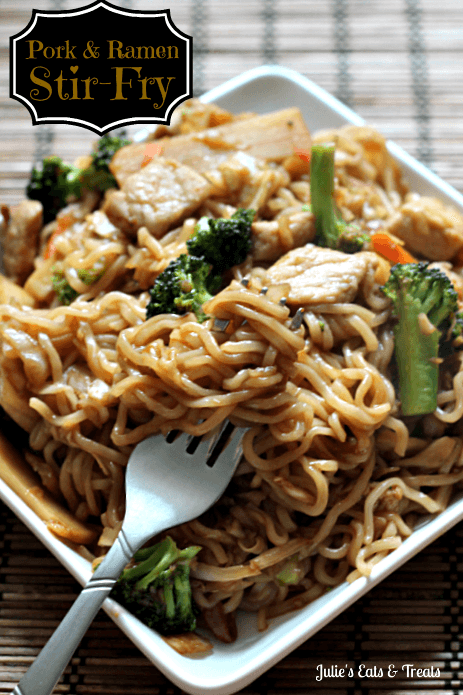 Pork & Ramen Stir-Fry ~ Ramen Noodles add a fun twist on normal Stir-Fry! via www.julieseatsandtreats.com