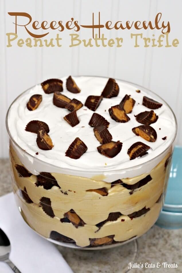 Reese's Heavenly Peanut Butter Trifle ~ Peanut Butter Pudding with Layers Of Brownies and Reese's Peanut Butter Cups! via www.julieseatsandtreats.com #recipe #Reeses