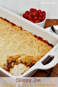 Sloppy Joe Under a Bun Casserole ~ Sloppy Joe Meat hidden under a layer of cheese and topped with a "bun"! via www.julieseatsandtreats.com