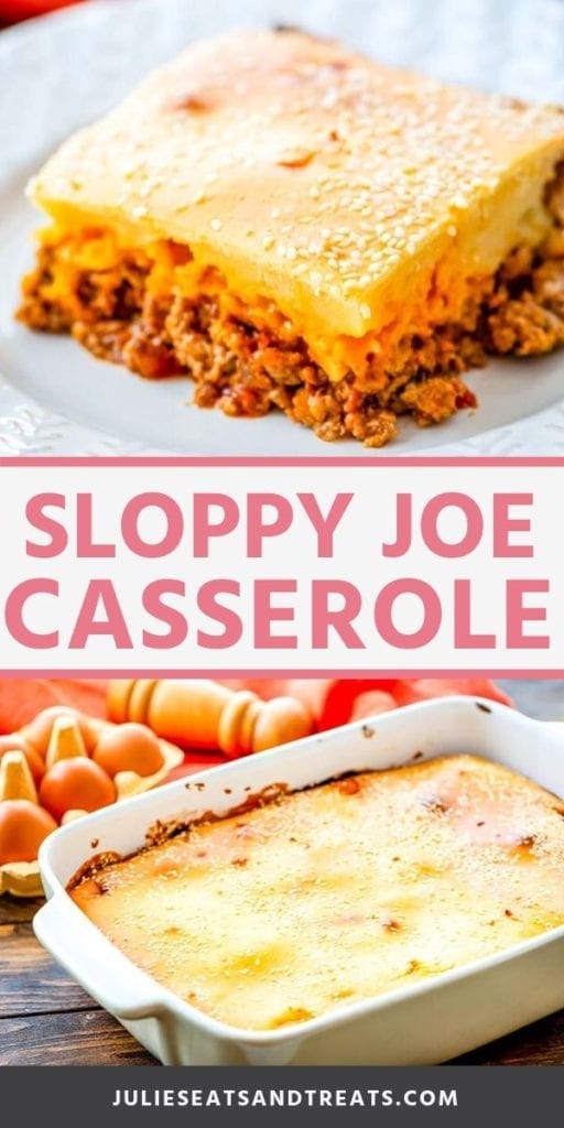 Collage with top image of a piece of sloppy joe casserole on a white plate, middle banner with pink text on white background reading Sloppy joe casserole, and bottom image of a white casserole dish full of sloppy joe casserole.
