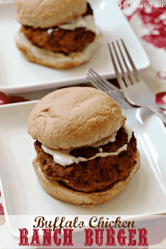 Buffalo Chicken Ranch Burger ~ Healthy baked chicken burgers with a bite! via www.julieseatsandtreats.com