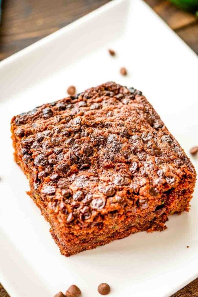 Piece of Chocolate Zucchini Cake on white plate