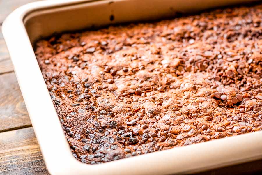 Pan of Chocolate Chip Zucchini Cake with Chocolate Chips