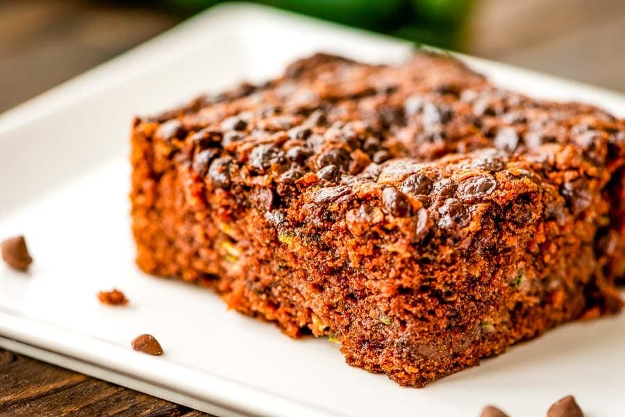 Zucchini Cake with chocolate chips on white plate