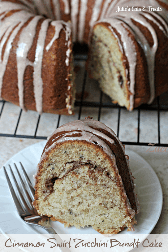 Cinnamon Swirl Zucchini Bundt Cake - Moist Zucchini cake with a cinnamon swirl and cinnamon glaze! via www.julieseatsandtreats.com