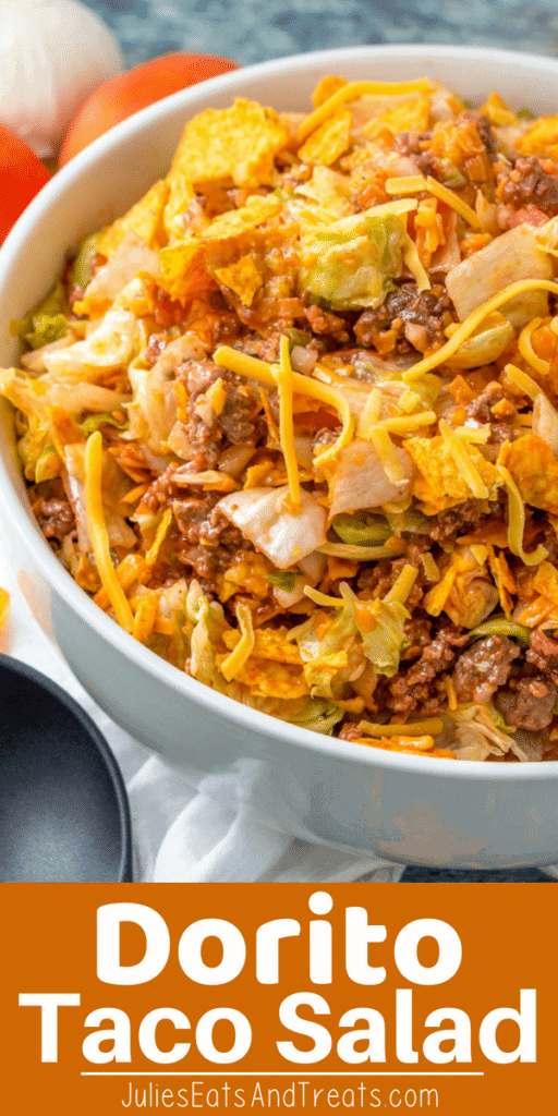 Dorito Taco Salad in a white serving bowl on the table