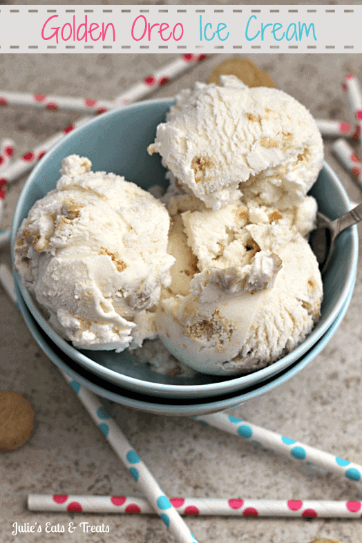 Golden Oreo Ice Cream - Creamy Ice Cream stuffed full of Golden Oreo Bites! via www.julieseatsandtreats.com #recipe #icecream #oreos