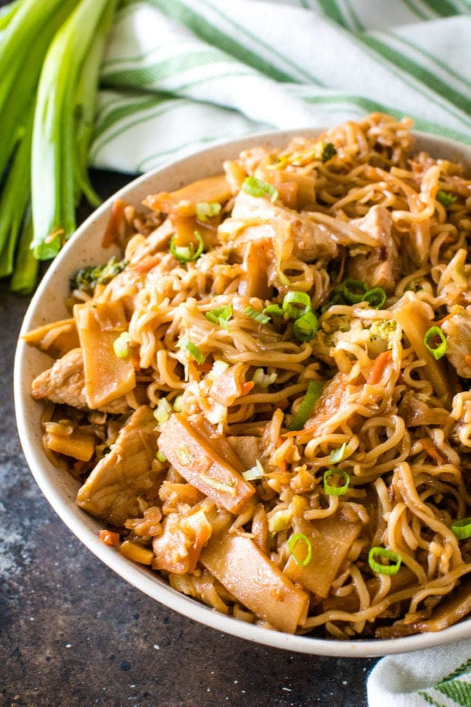 pork stir fry with ramen on plate