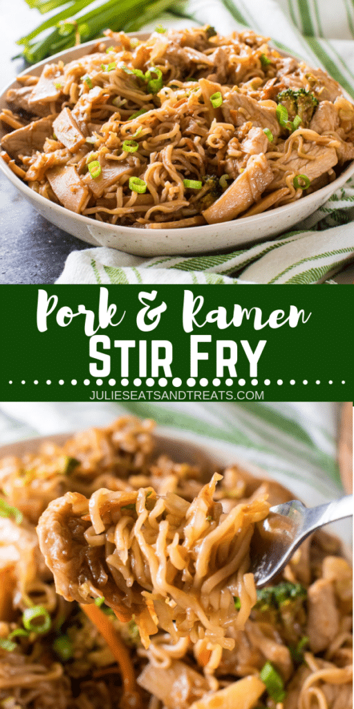 Collage with top image of pork and ramen stir fry in a white bowl, middle banner with text reading pork and ramen stir fry, and bottom image of stir fry on a fork