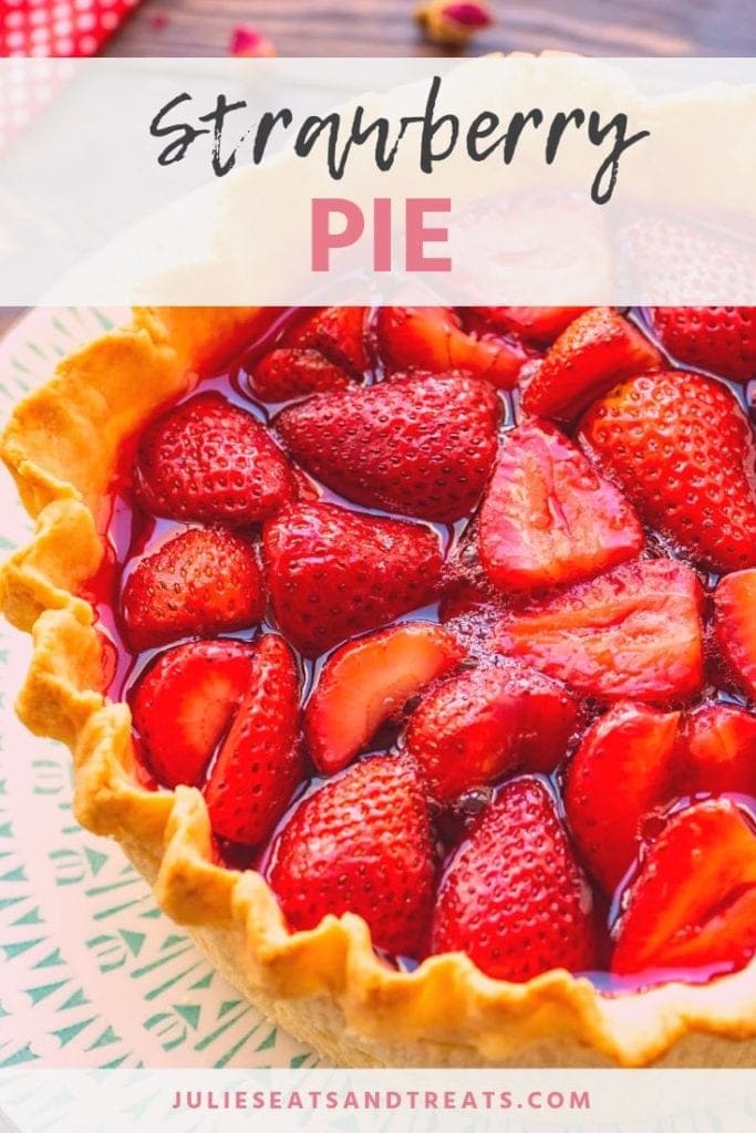 Strawberry pie on a blue and white plate