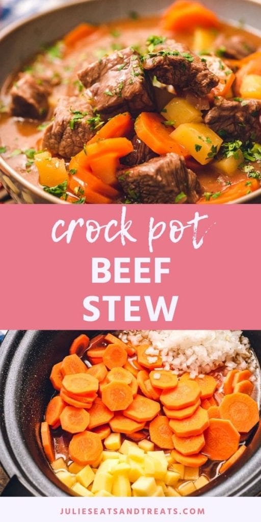 Crock pot beef stew collage. Top image of prepared beef stew in a bowl, bottom image of potatoes, carrots, and onions in a crock pot