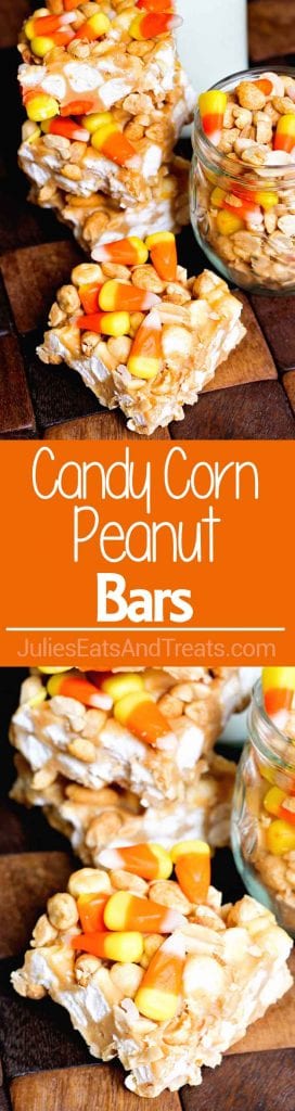 Collage with top image of candy corn peanut bars and a jar of peanuts and candy corn on a wood board, middle orange banner with white text reading candy corn peanut bars, and bottom image up close of a candy corn and peanut bar