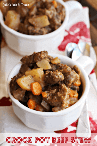 Crock Pot Beef Stew ~ Throw it in the Crock Pot and come home to a home cooked meal! via www.julieseatsandtreats.com