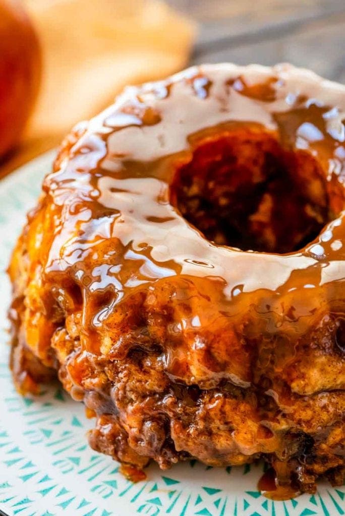 Apple Monkey Bread on platter with teal pattern on it.