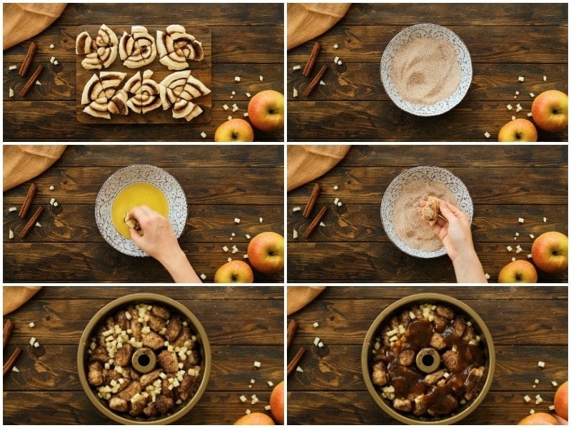 Collage of six images showing how to make the caramel apple monkey bread.