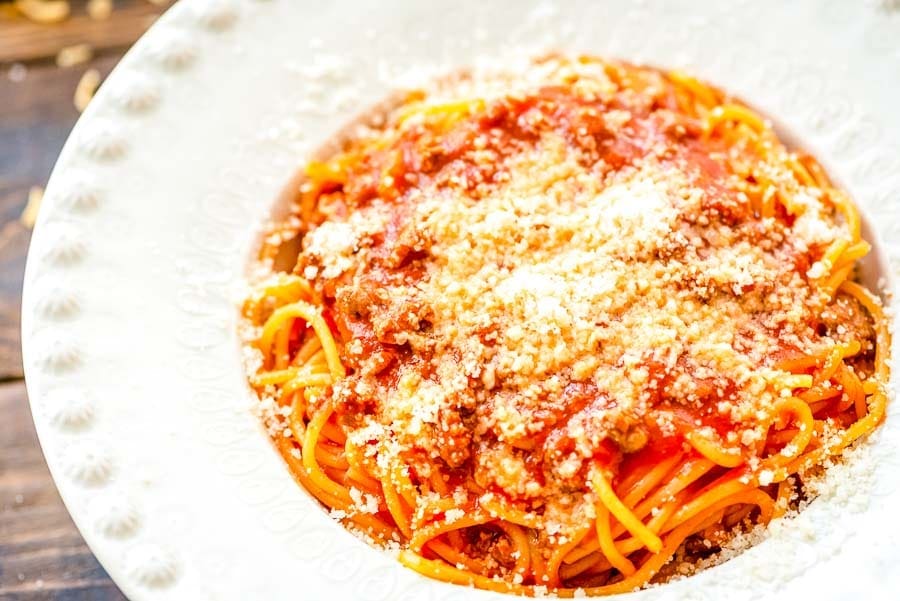 One Pot Spaghetti recipe in white bowl