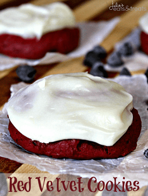 Red Velvet Cookies ~ Soft red velvet cookies stuffed with chocolate chips and topped with cream cheese frosting!