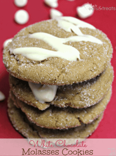 White Chocolate Molasses Cookies ~ Chewy Molasses Cookies, rolled in sugar and topped with white chocolate!