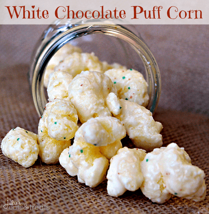 White Chocolate Puff Corn ~ Melt in your mouth puff corn covered in white chocolate! Perfectly sweet and salty!