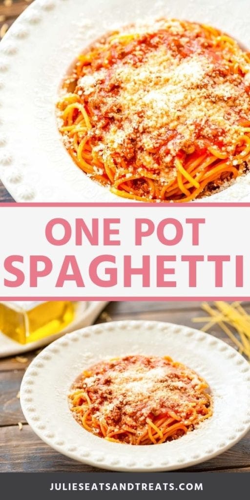 Collage with top overhead image of a bowl of spaghetti topped with parmesan, middle banner with pink text reading one pot spaghetti, and bottom image of spaghetti in a white bowl