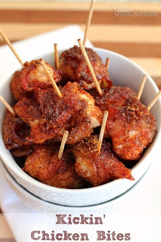 Kickin' Chicken Bites ~ Bite sized pieces of chicken wrapped in bacon and dusted in brown sugar & cayenne pepper!